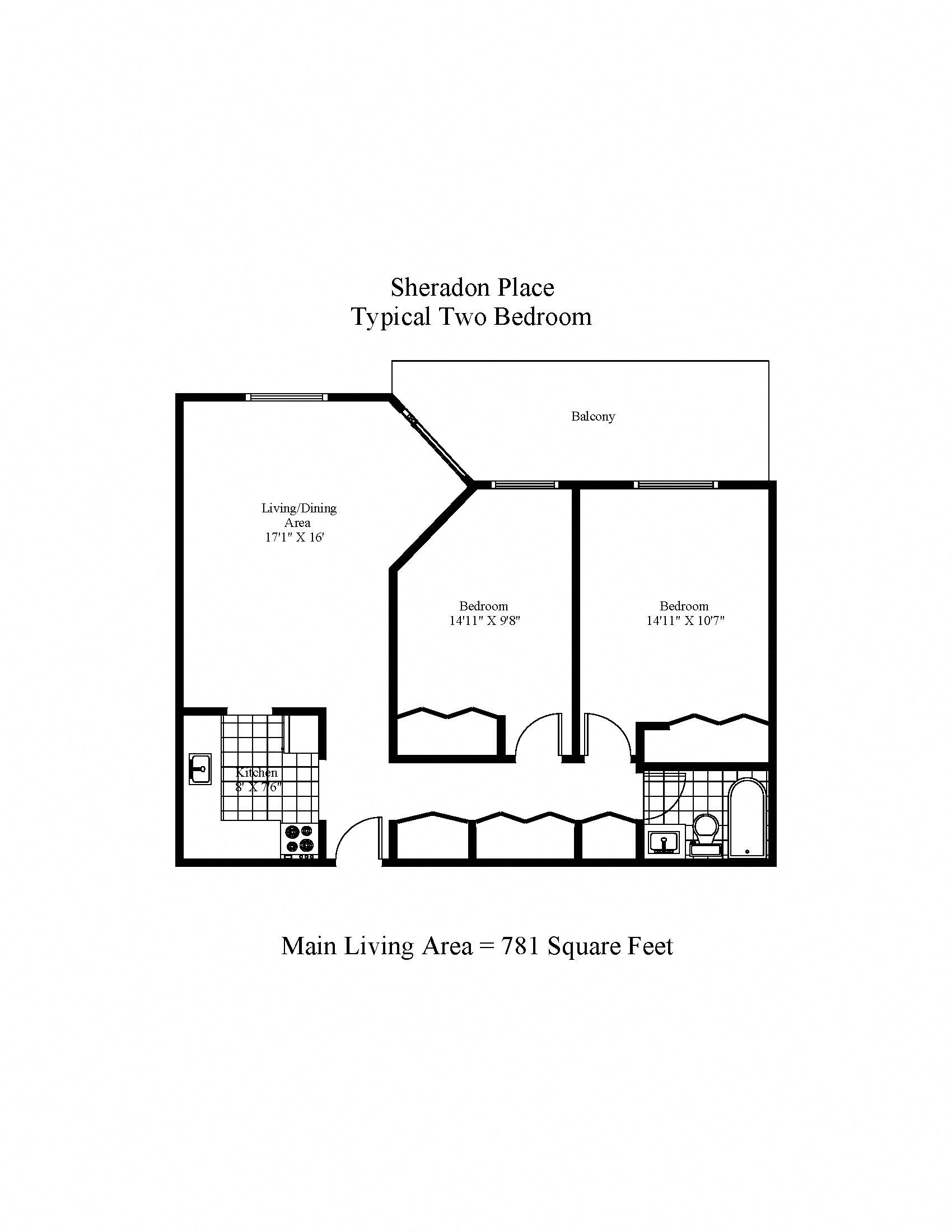 Floor plan for 2 beds, 1 bath, 781 sqft